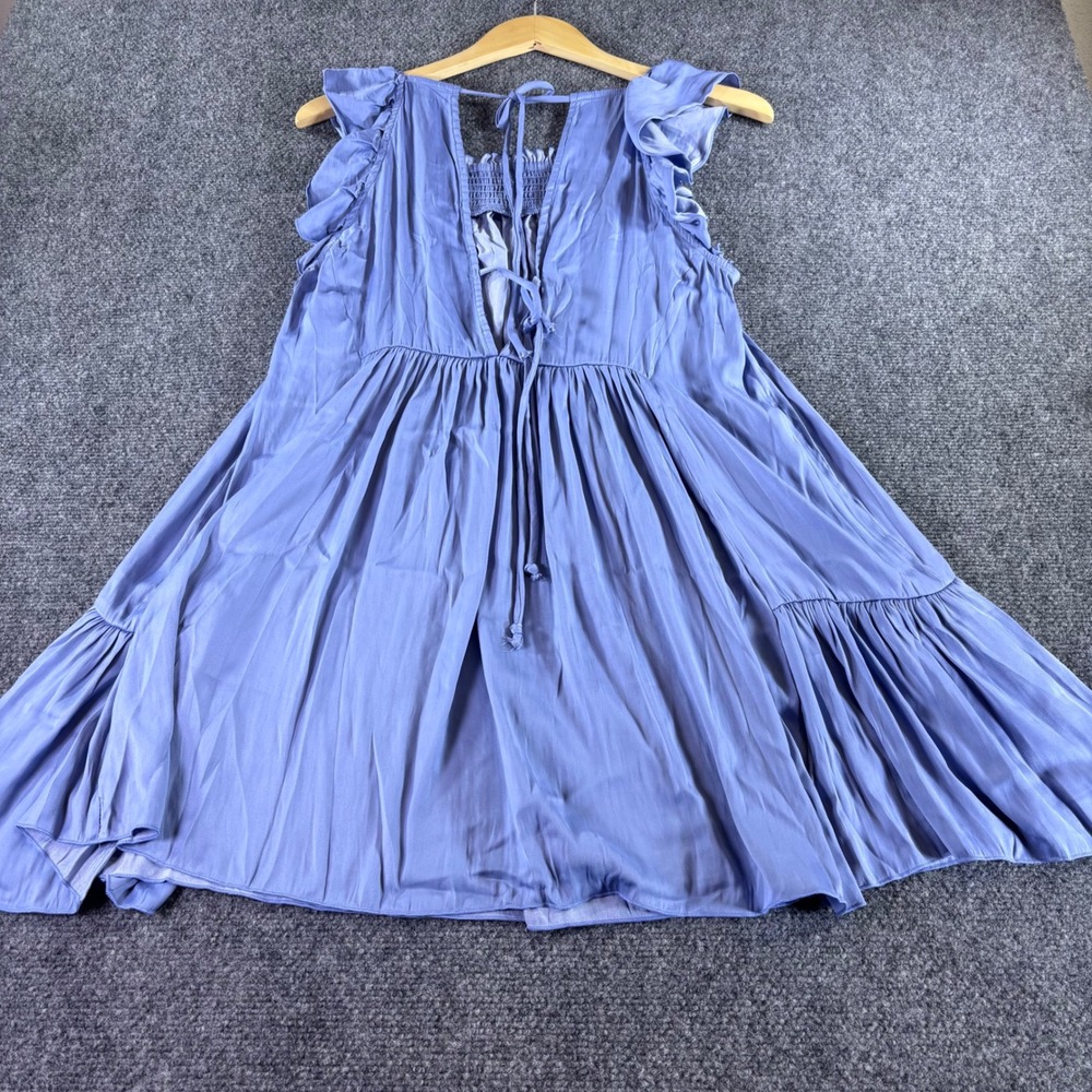 Free People Mini Dress Womens Small Blue Smocked Tiered Boho Flutter Sleeve - Picture 9 of 9
